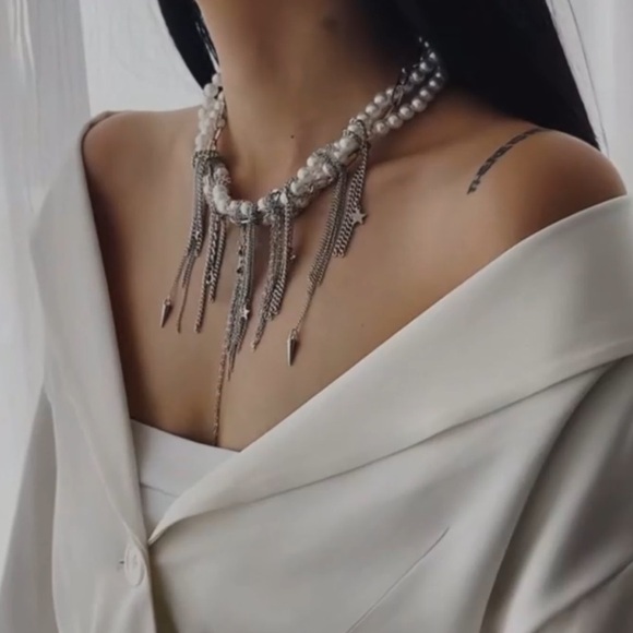 Pearl Star Tassel Multilayer Silver Necklace Tik tok Famous - Picture 3 of 8